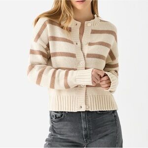 NWT KULE Edith Cream and Brown Striped Crewneck Button Front Wool Cardigan XL